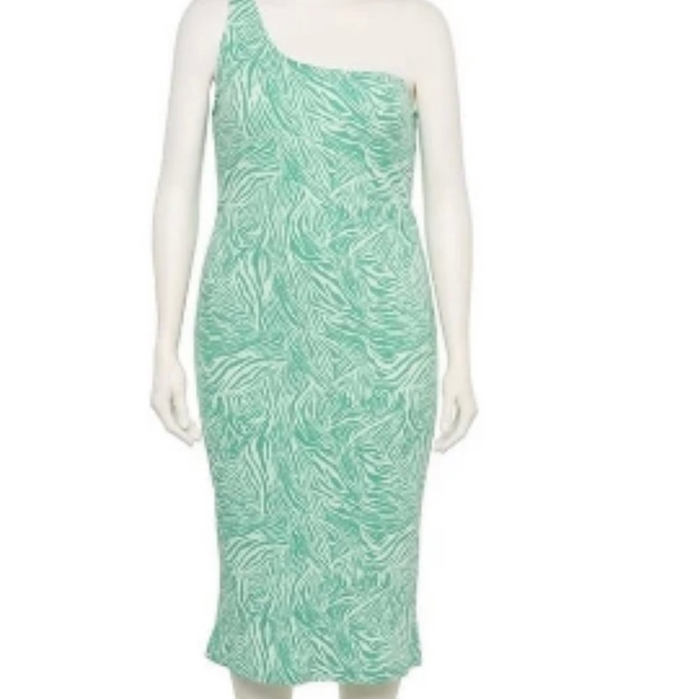 Nine West one Shoulder Green And White Cotton Knit Ribbed Midi Dress NWT XXL